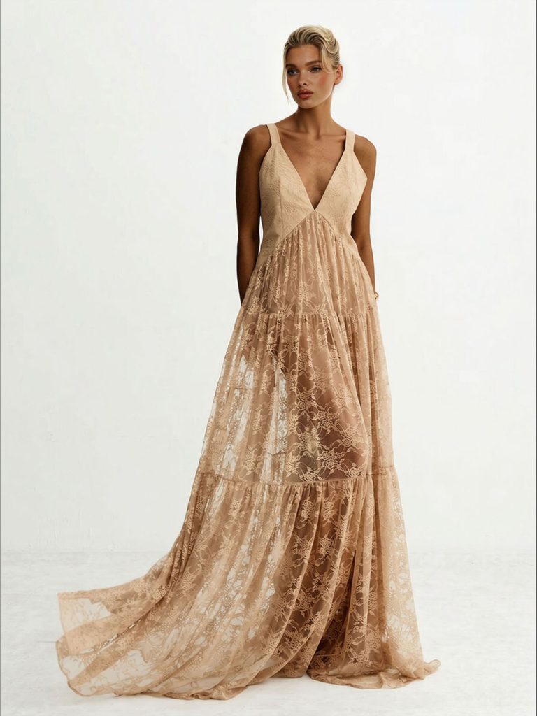 Lace V-Neck Elegant Maxi Dress
