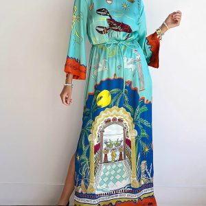Printed Satin Slit Maxi Dress
