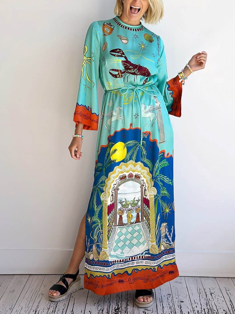 Printed Satin Slit Maxi Dress