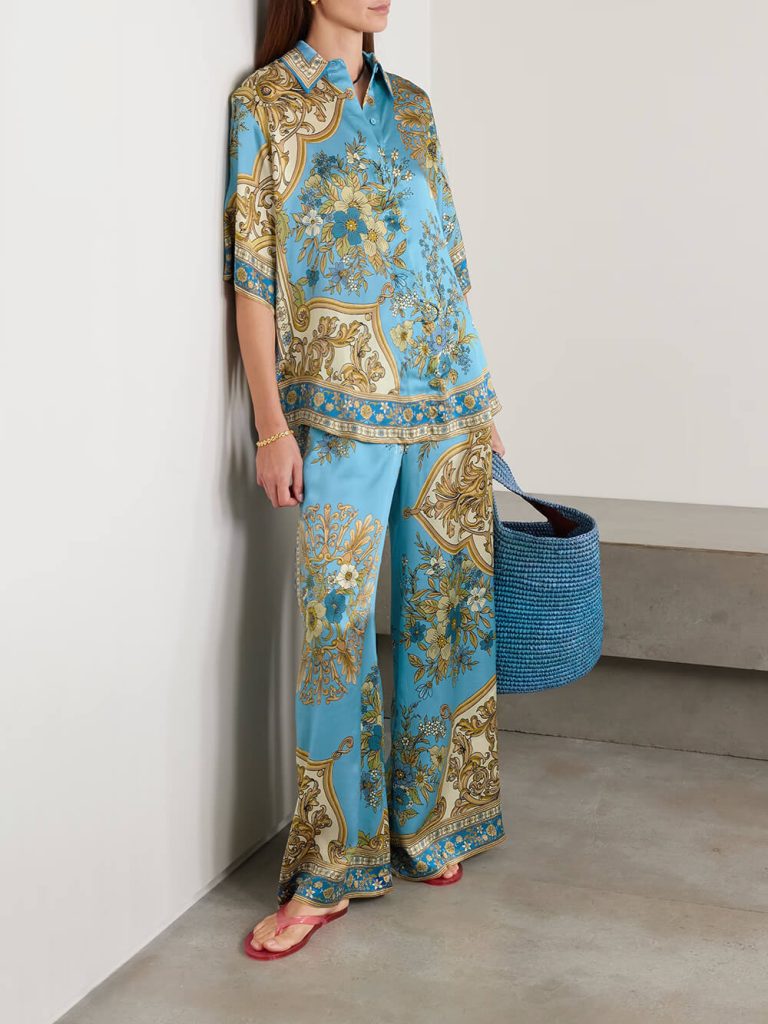 Printed Floral Satin Wide-Leg Casual Pants
