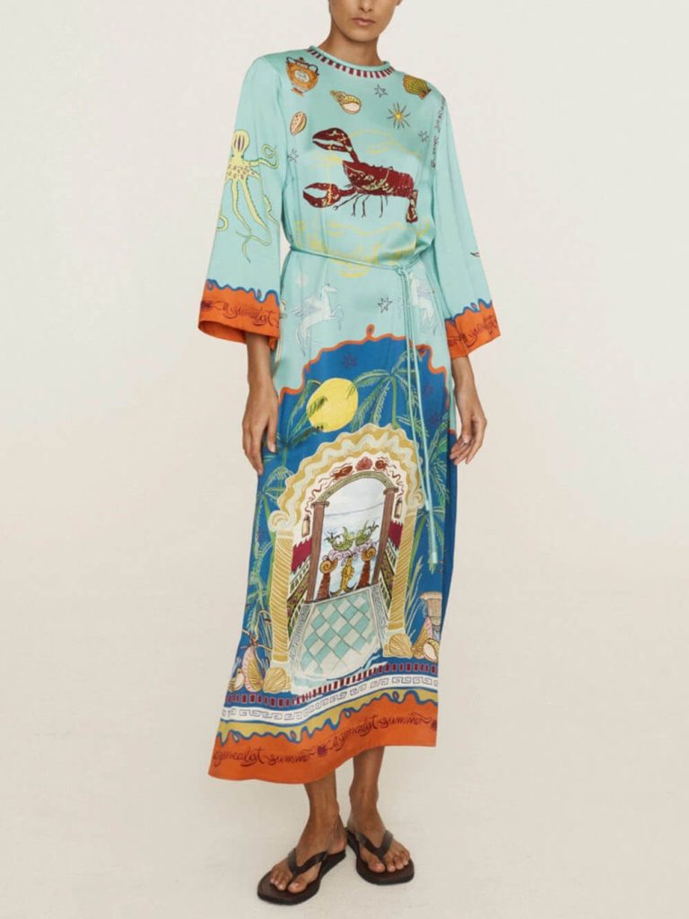Printed Satin Slit Maxi Dress