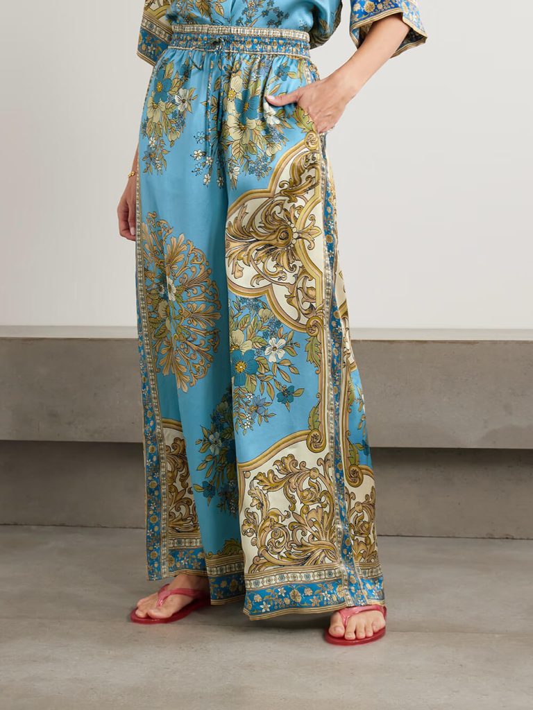 Printed Floral Satin Wide-Leg Casual Pants