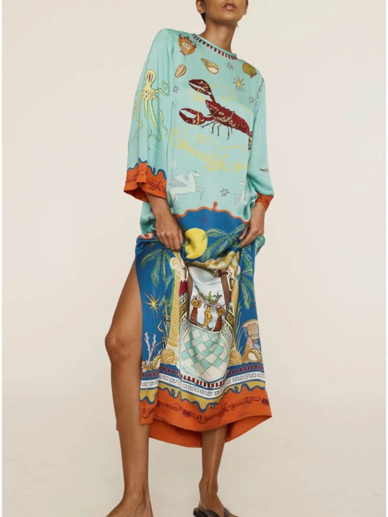 Printed Satin Slit Maxi Dress