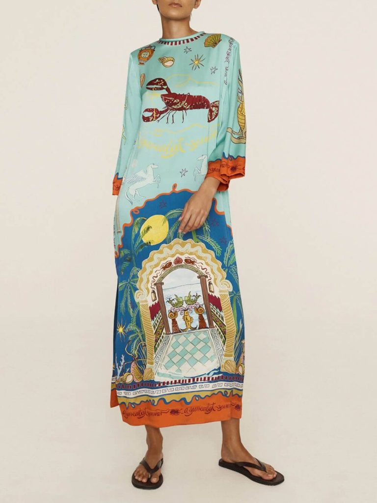 Printed Satin Slit Maxi Dress